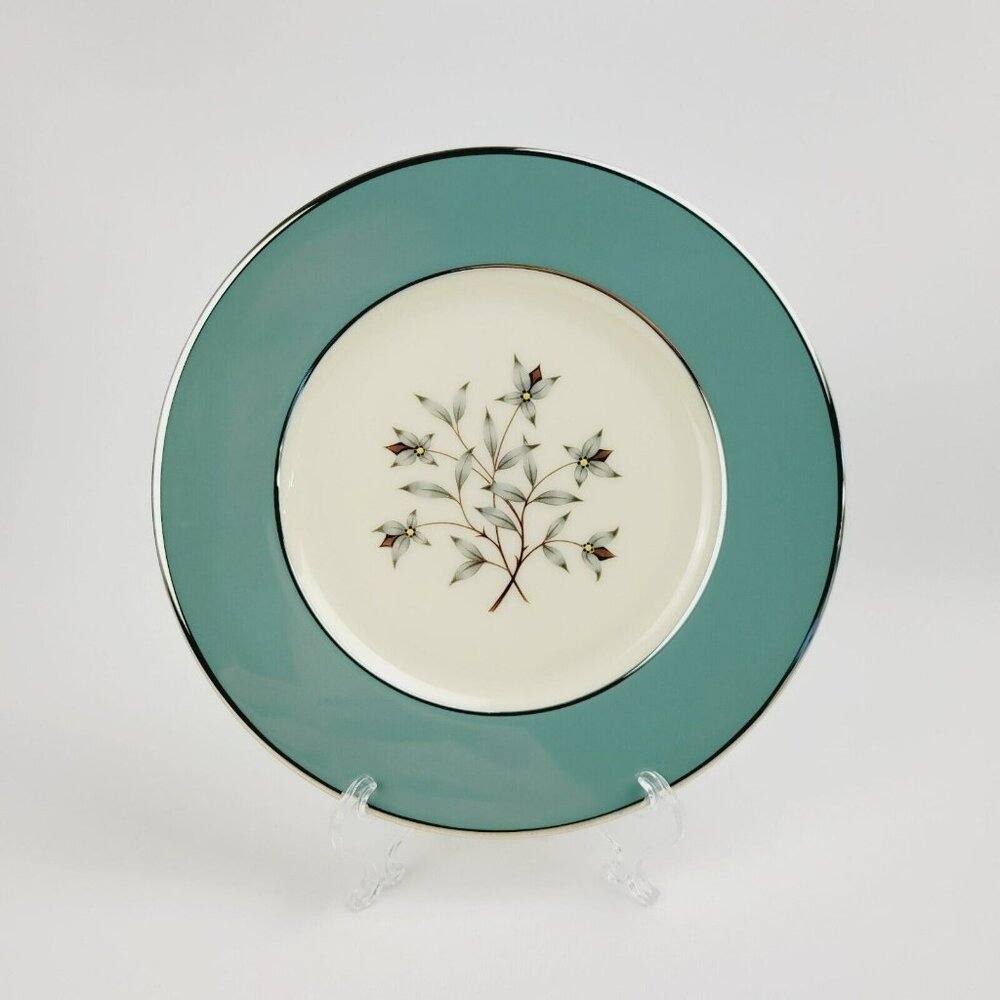 Lenox Kingsley SALAD Plate Teal Band Platinum Trim Floral Center c.1954-79 USA